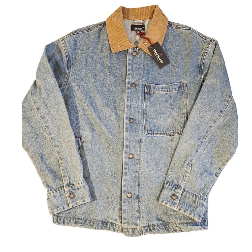 Jeremiah Denim Jacket Mens Large Blue Corduroy Collar Bomber Snap Workwear